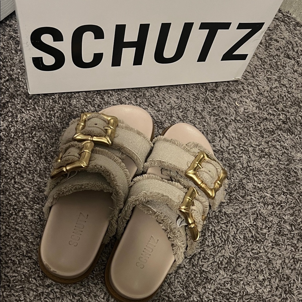 SCHUTZ Enola Sporty Women's Cream Sandals with Gold Accents
